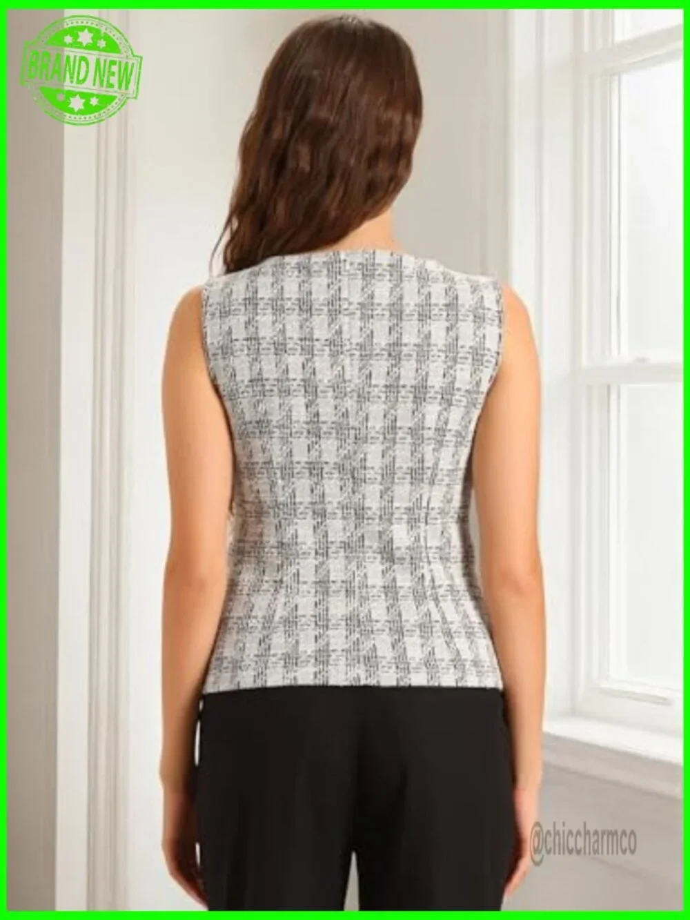 Tweed Sleeveless Crew Neck Vest - Business Casual Dressy Blouse Top